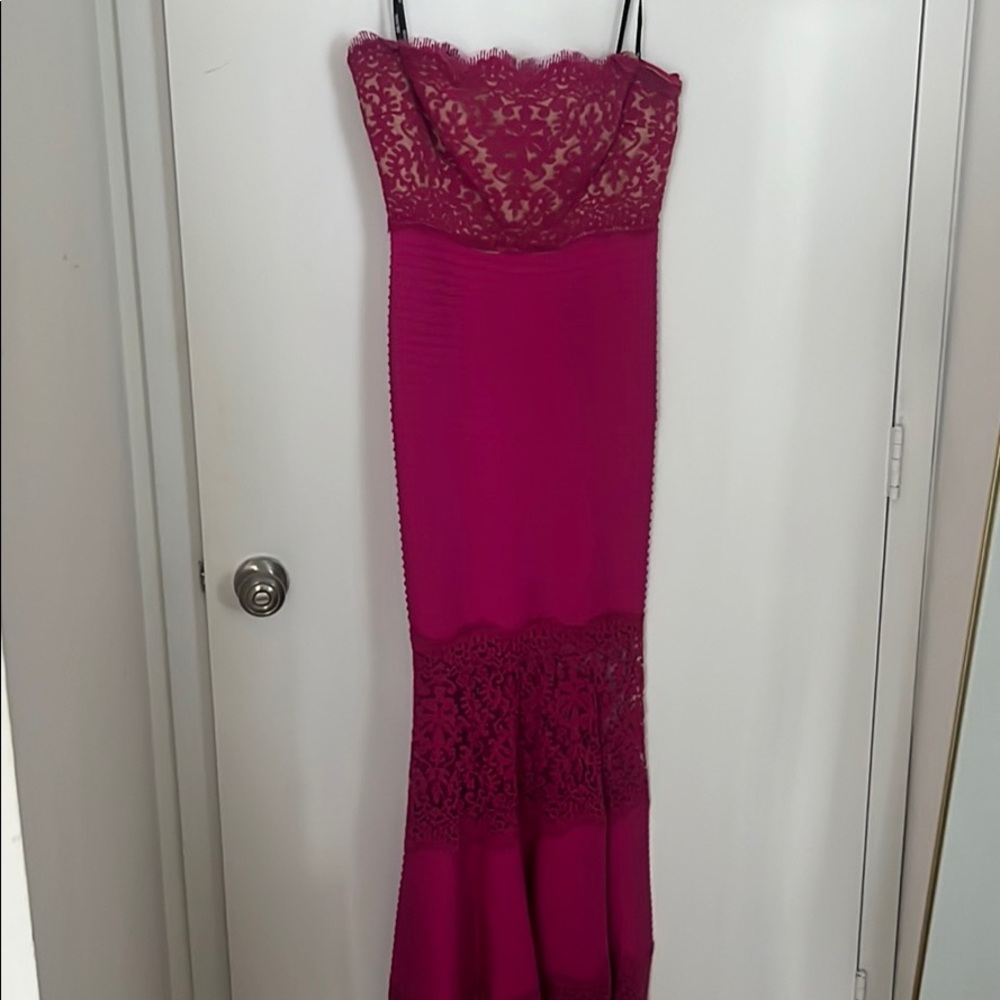 Tadashi Shoji hot pink bodycon and lace dress.